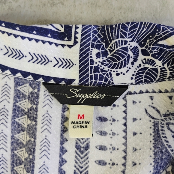 Supplies Button Up Shirt Short Sleeve Navy Blue White Boho Bandana Size Medium - Picture 7 of 13